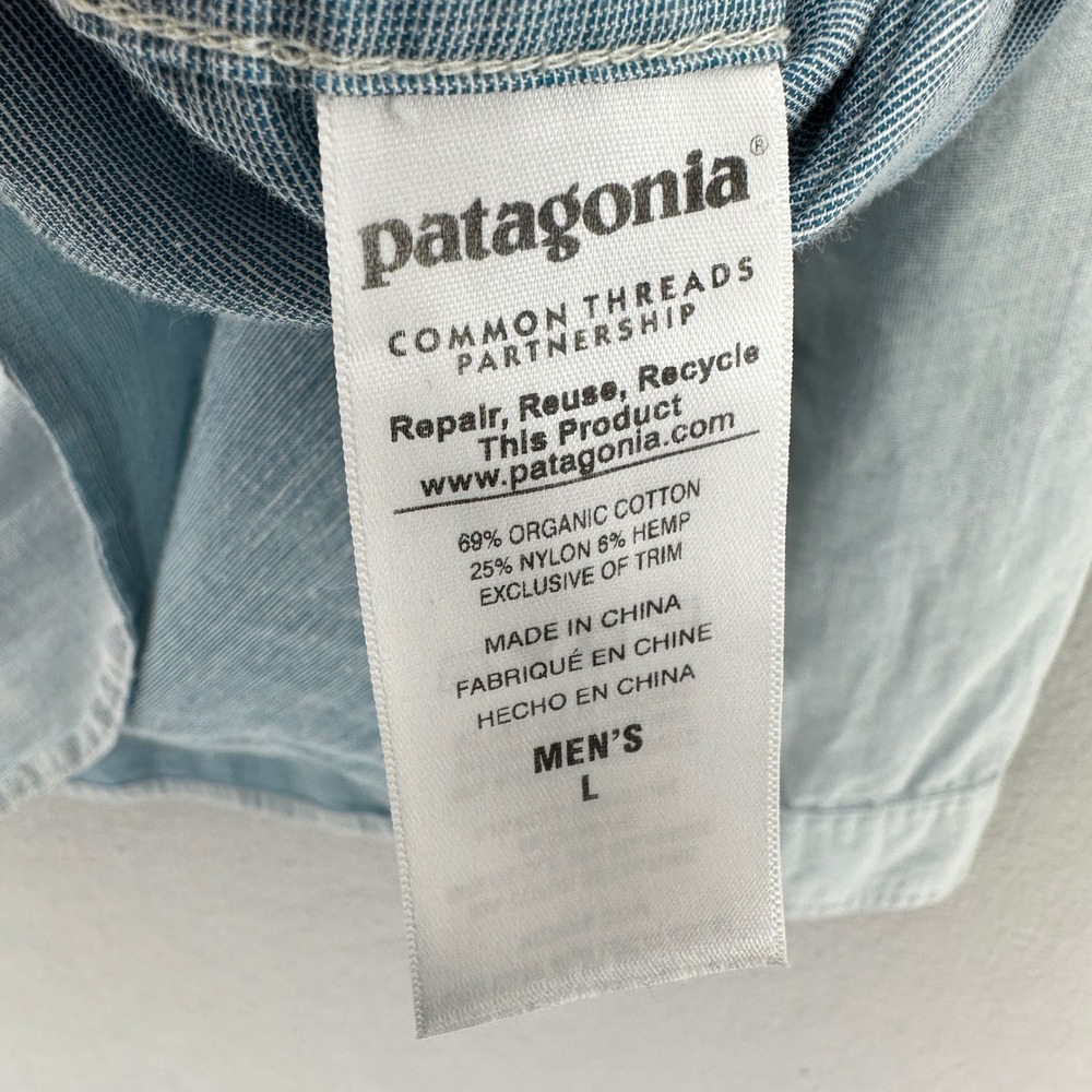 Patagonia Light Blue Hemp Blend Stealth Stream Long Sleeve Button Shirt Mens L - Picture 9 of 11